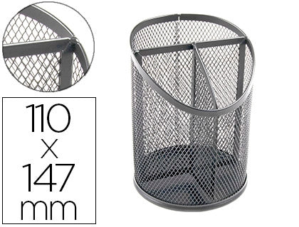 Cubilete portalapices q-connect negro metal redondo rejilla con 3 compartimentos diametro 110 mm alto 147 mm