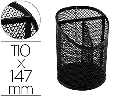 Cubilete portalapices q-connect negro metal redondo rejilla con 3 compartimentos diametro 110 mm alto 147 mm