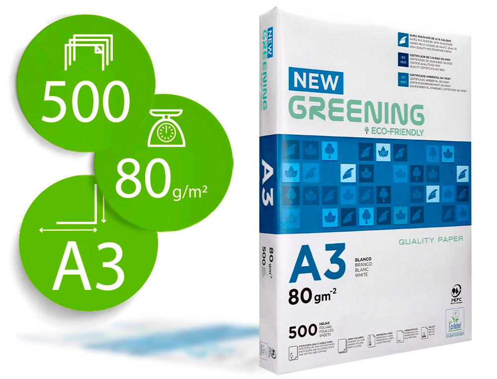 Papel fotocopiadora greening din a3 80 gramos paquete de 500 hojas