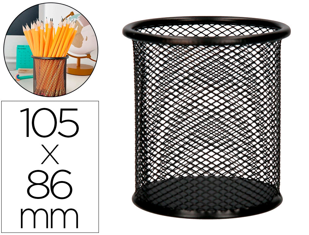 Cubilete portalapices q-connect negro metal redondo rejilla diametro 86 mm alto 105 mm