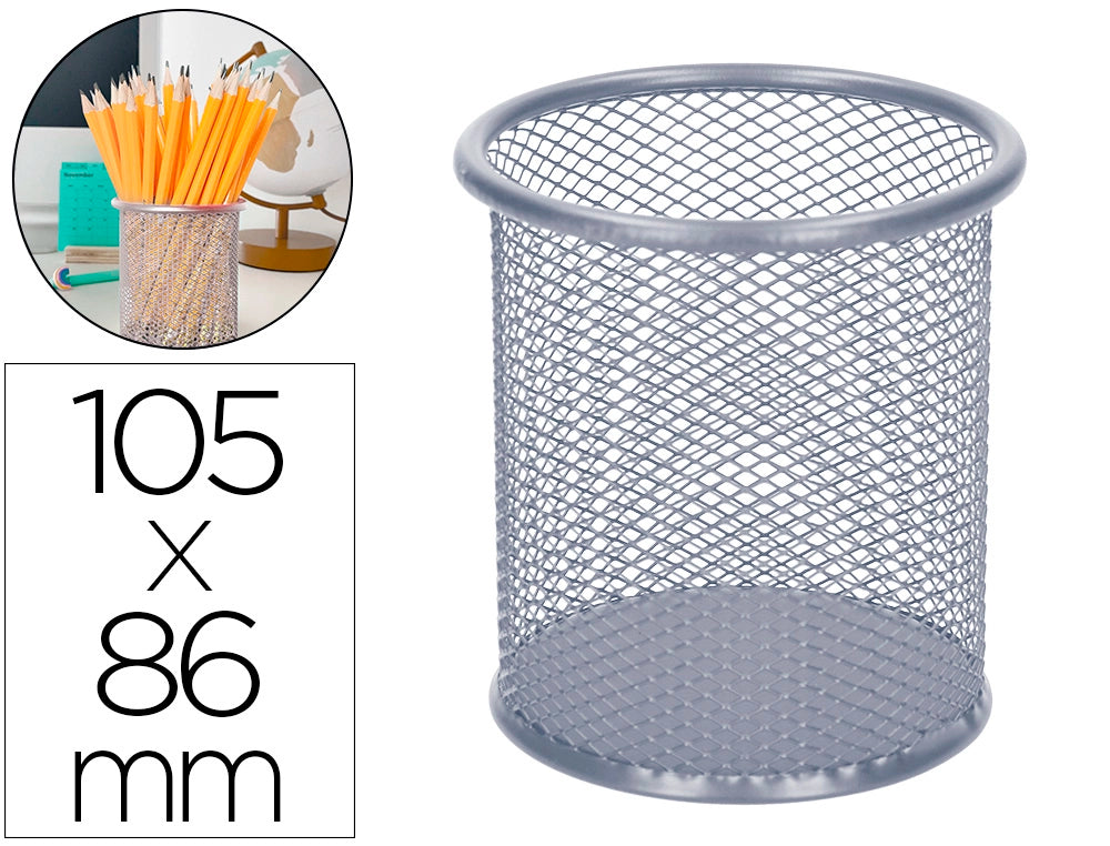 Cubilete portalapices q-connect negro metal redondo rejilla diametro 86 mm alto 105 mm