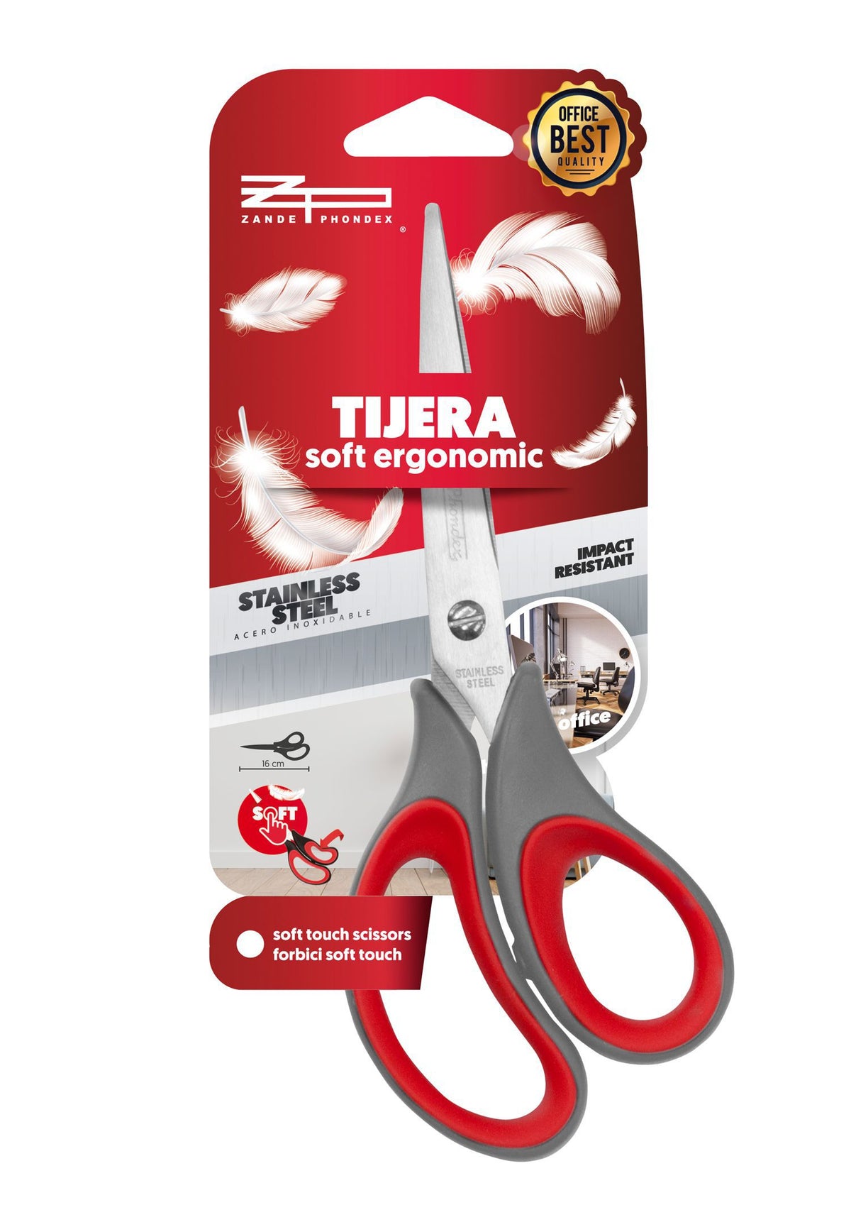 Tijera de oficina de 16cm, acero inoxidable para todo tipo de uso. Excelente corte.