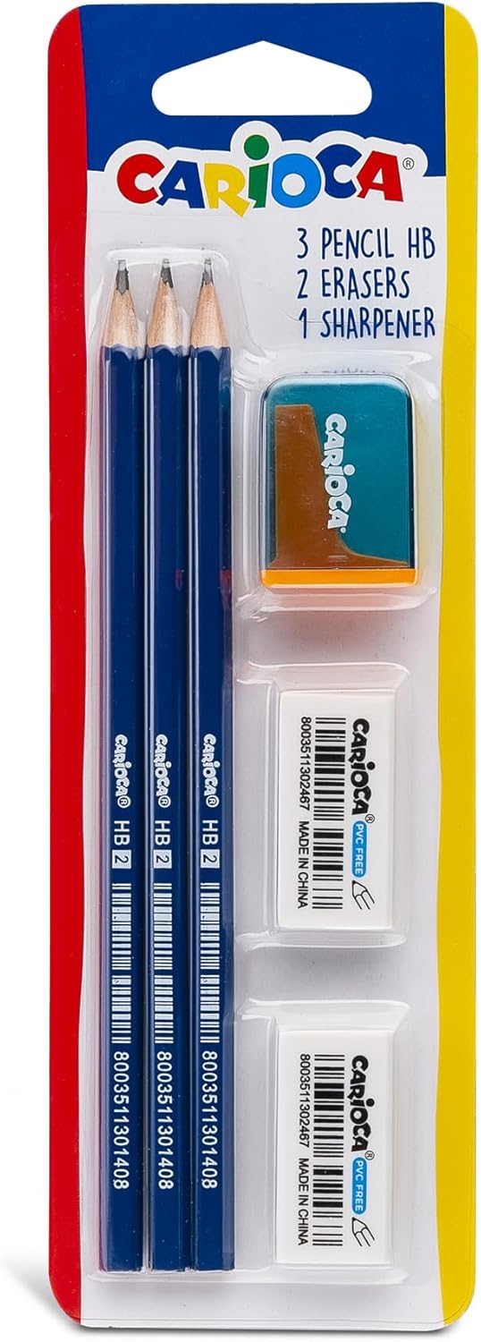 Set de 3 Lápices HB, 2 Gomas y 1 Sacapuntas