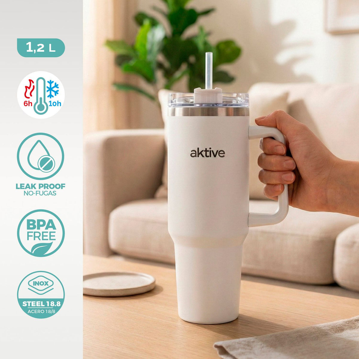 Vaso Térmico Blanco 1,2 L Inox Tapa Rosca 3 Posiciones Con Pajita Y Asa Ergonómica