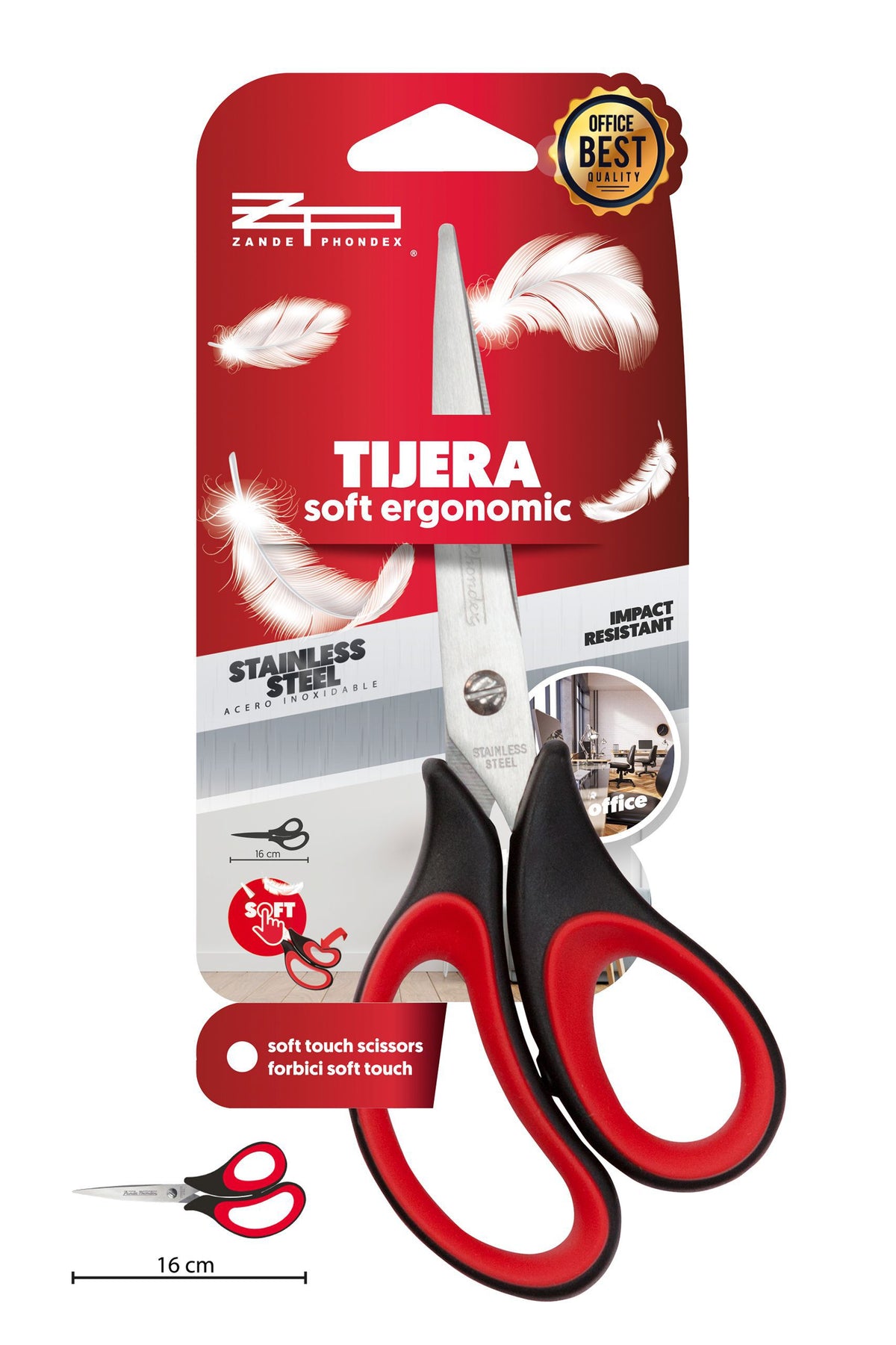 Tijera de oficina de 16cm, acero inoxidable para todo tipo de uso. Excelente corte.
