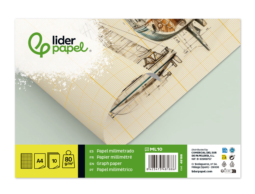 Papel dibujo liderpapel 210x297mm 80g/m2 milimetrado pack de 10 hojas en folders