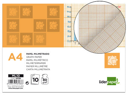 Papel dibujo liderpapel 210x297mm 80g/m2 milimetrado pack de 10 hojas en folders
